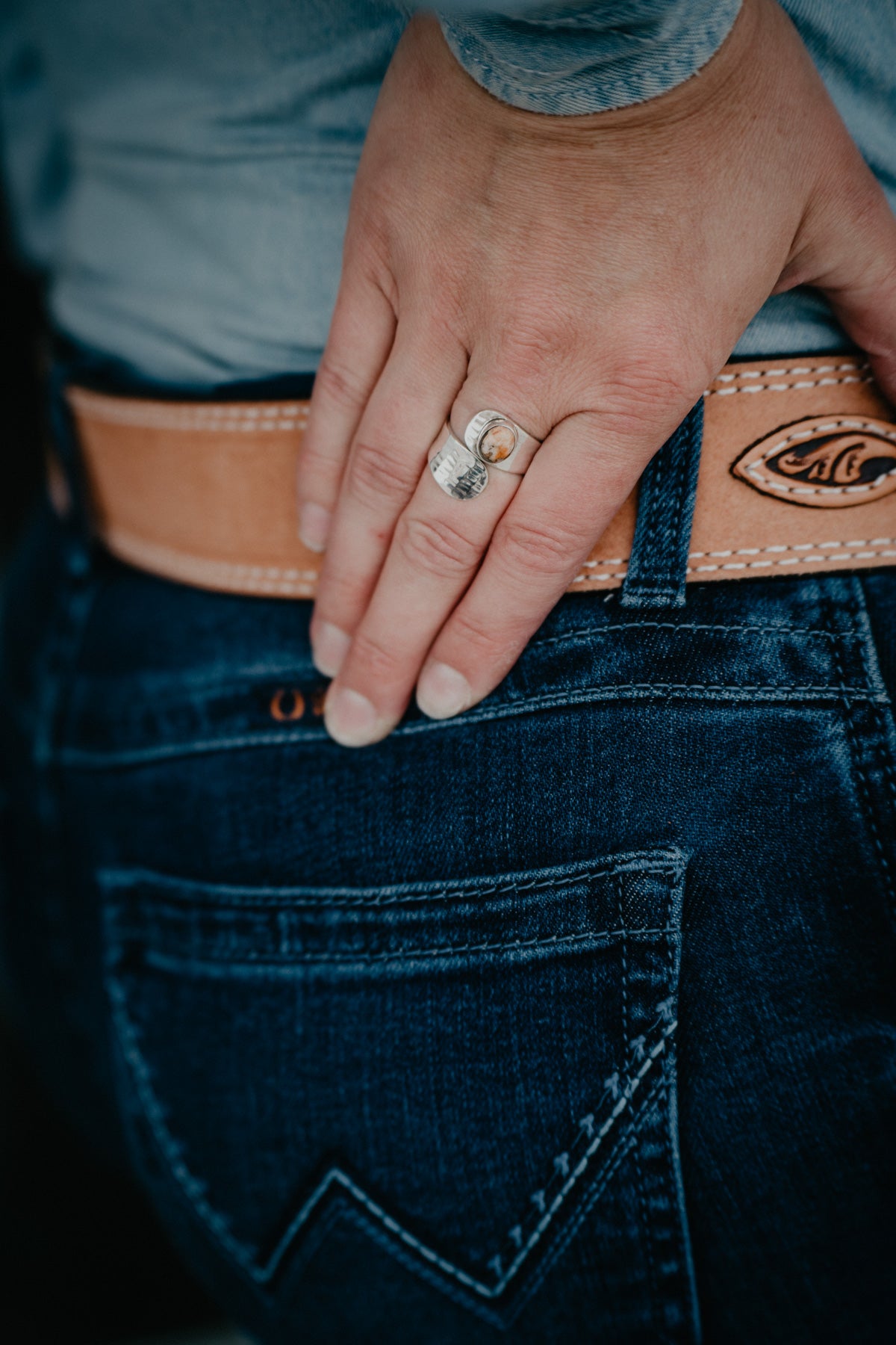 Hammered Sterling Adjustable Wrap Ring with {Turquoise or Spiny Oyster} Stone