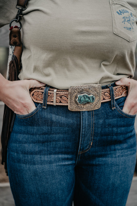 Floral Carved Rectangular German Silver Buckle by Paige Wallace (Turquoise and White Buffalo)
