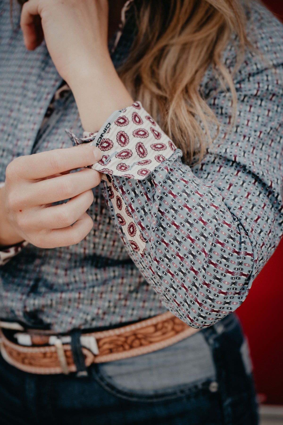 Women's CINCH Blue and Burgundy Geometric Print Long Sleeve Button Up (XS - XXL)
