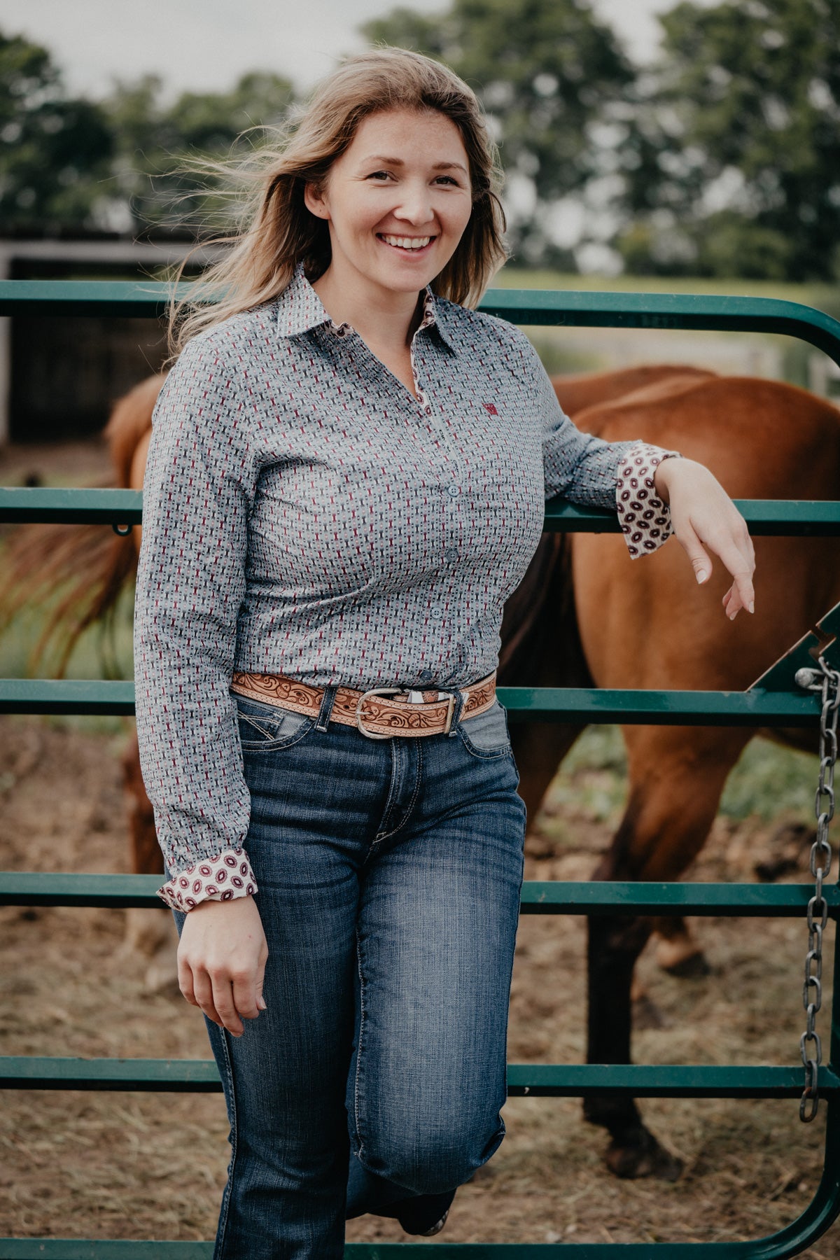 Women's CINCH Blue and Burgundy Geometric Print Long Sleeve Button Up (XS - XXL)