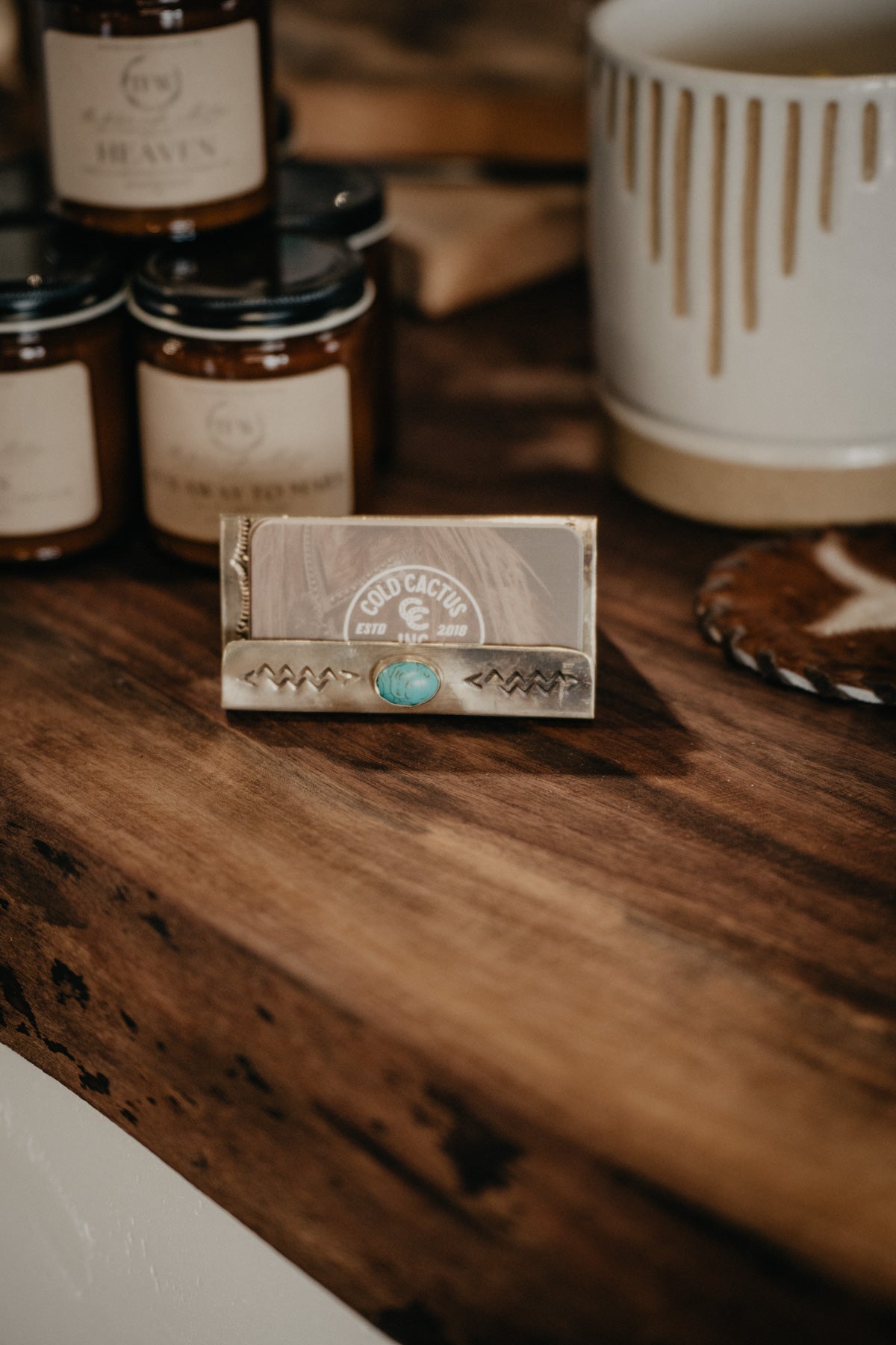 Hand Crafted Sterling Business Card Holder with Turquoise Accent