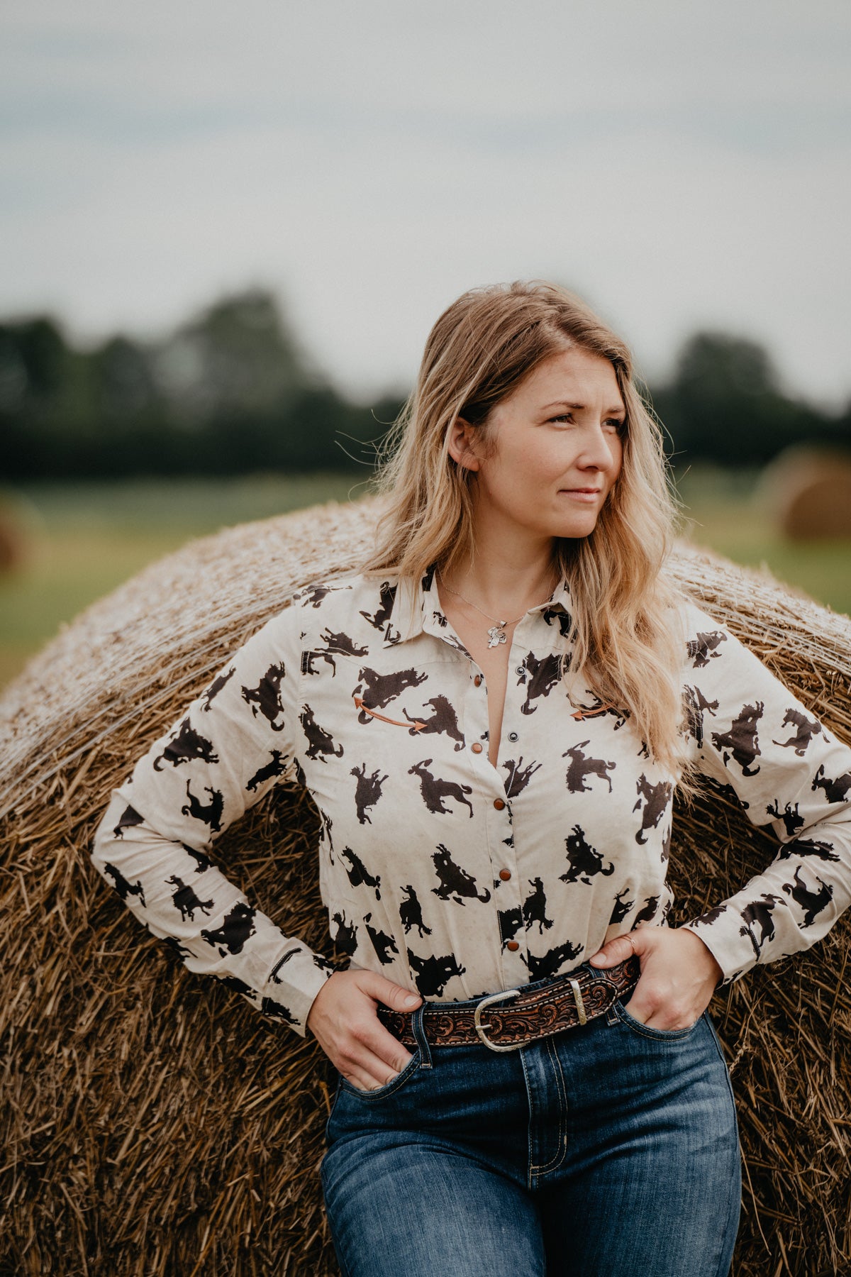 Women's Bronc Print Cream Pearl Snap (XS - XXL)