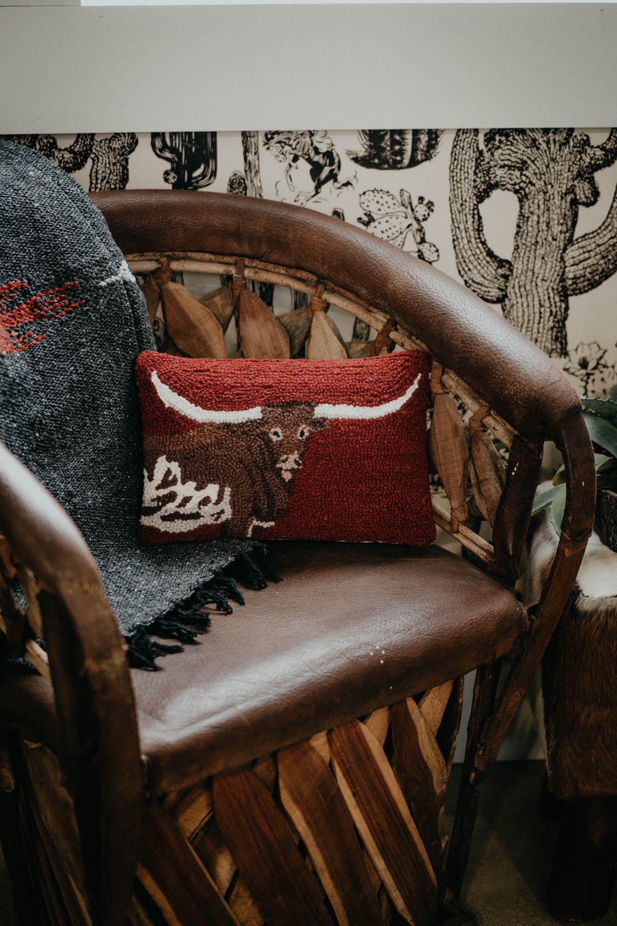Small Longhorn Rug Hooked Accent Pillow