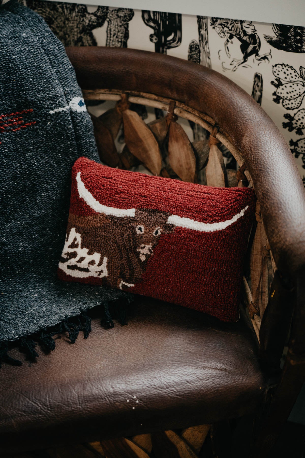 Small Longhorn Rug Hooked Accent Pillow