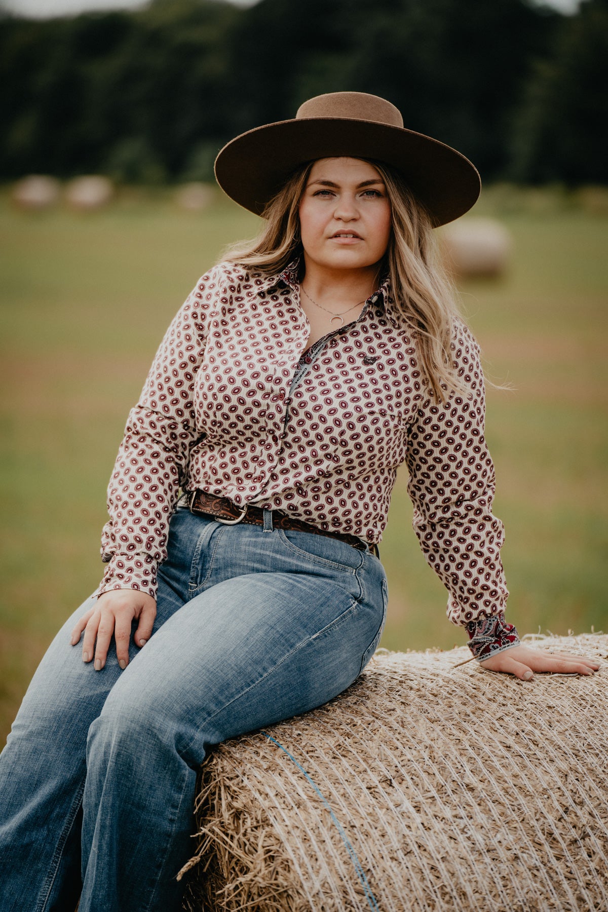 Women's CINCH Cream and Burgundy Pinstripe / Floral Print Long Sleeve Button Up (XS - XXL)