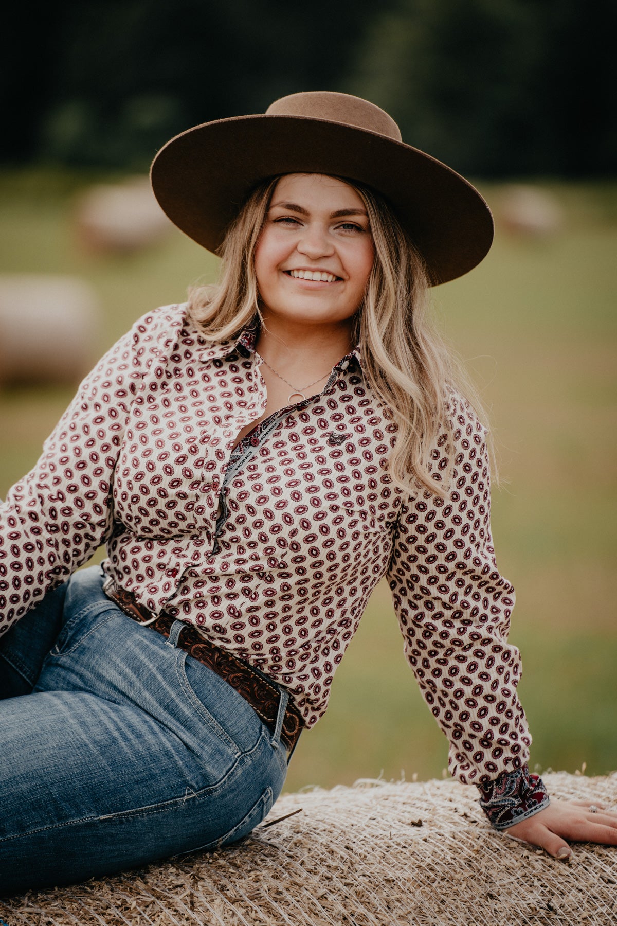 Women's CINCH Cream and Burgundy Pinstripe / Floral Print Long Sleeve Button Up (XS - XXL)