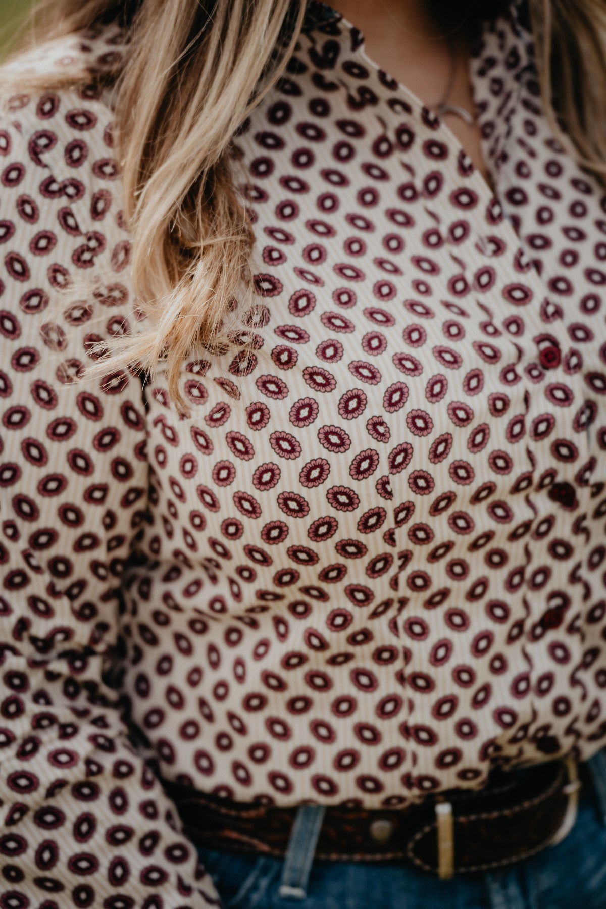 Women's CINCH Cream and Burgundy Pinstripe / Floral Print Long Sleeve Button Up (XS - XXL)
