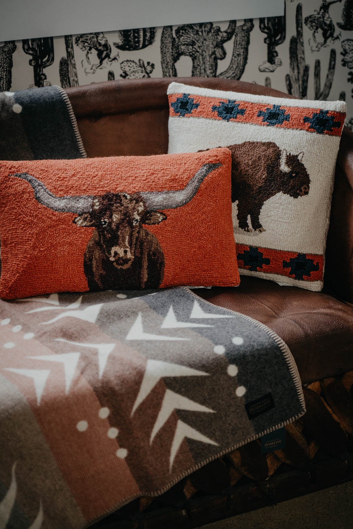 "Roaming Buffalo" Rug Hooked Medium Sized Accent Pillow