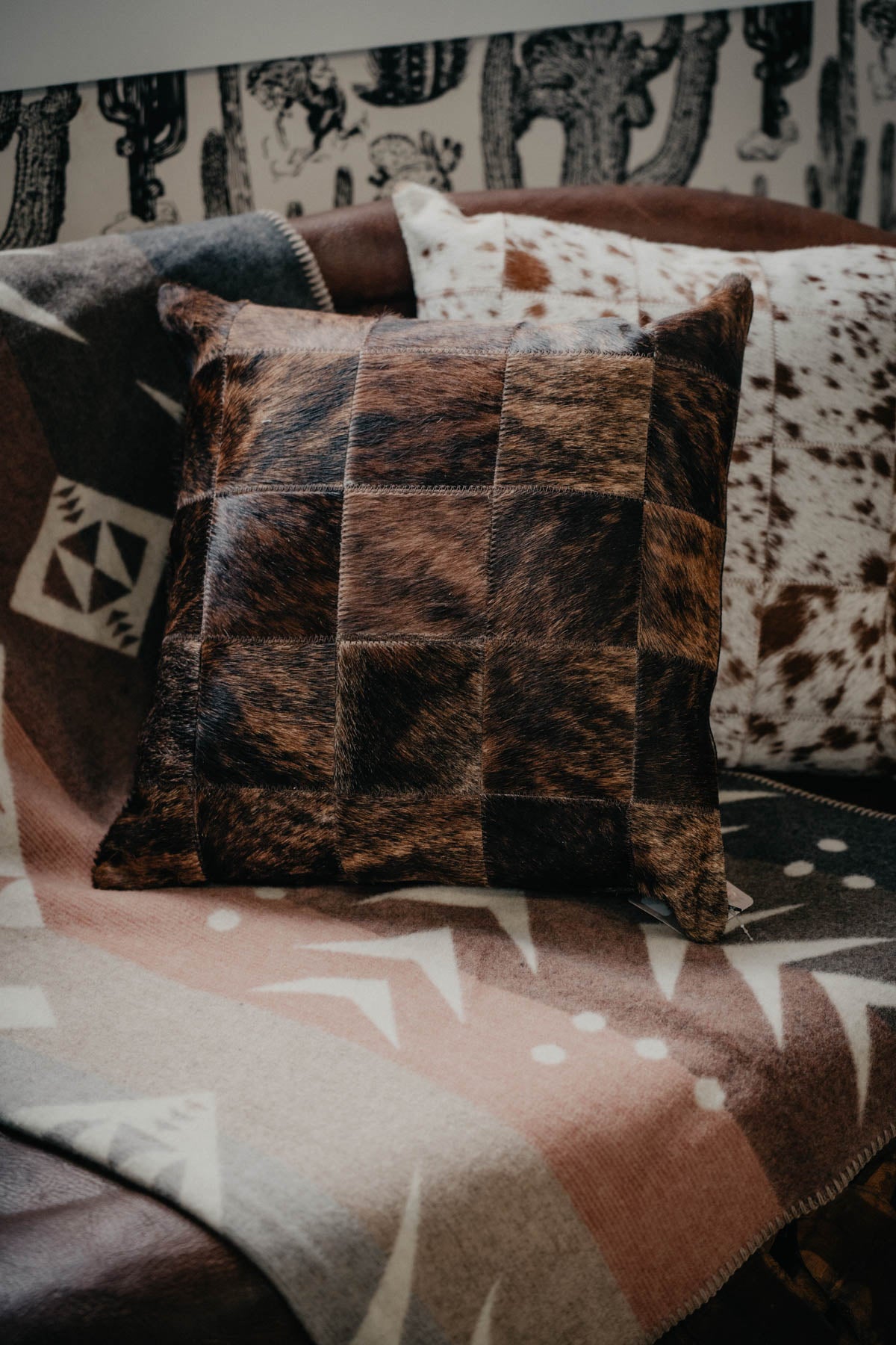 20" Square Cowhide Patchwork Pillows