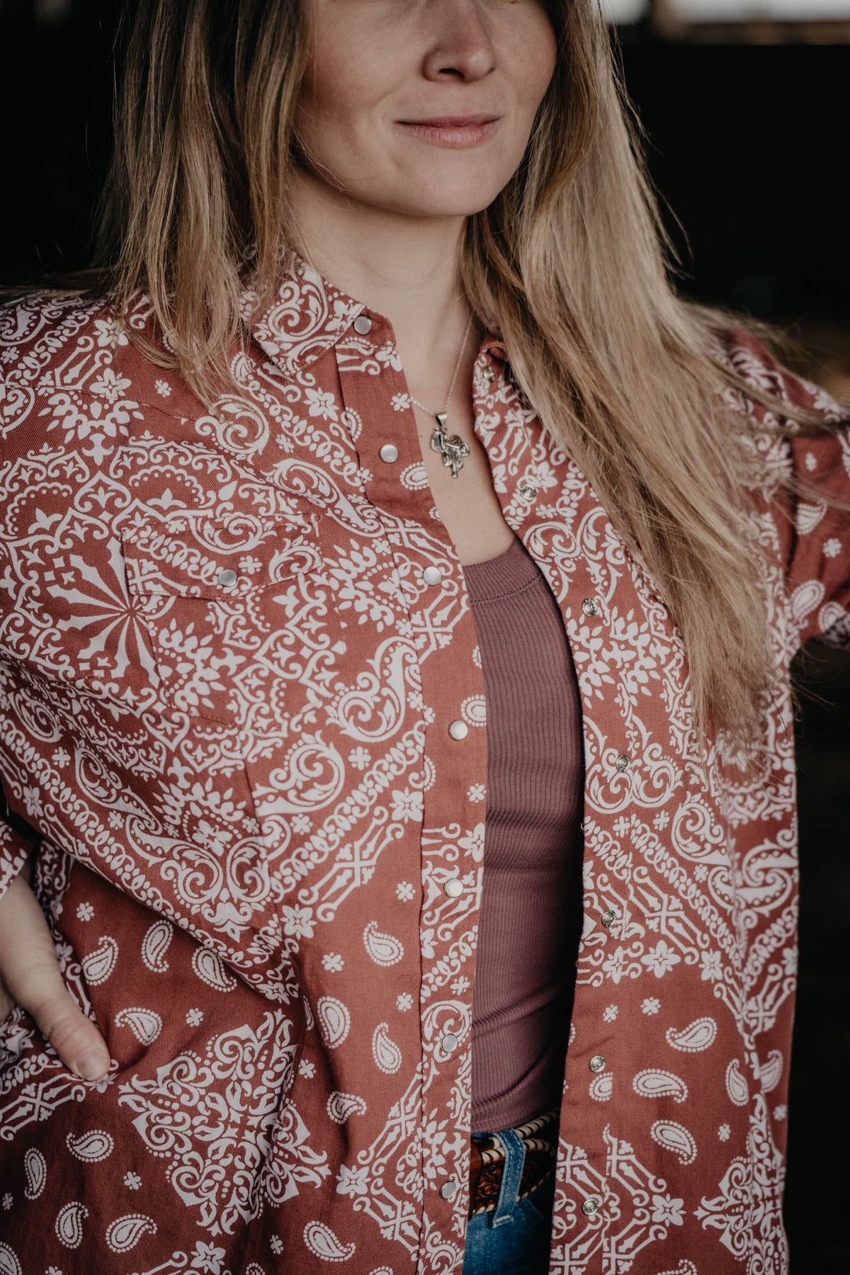 'Rusty Rose' Wine Bandanna Print Pearl Snap (S - XXL)