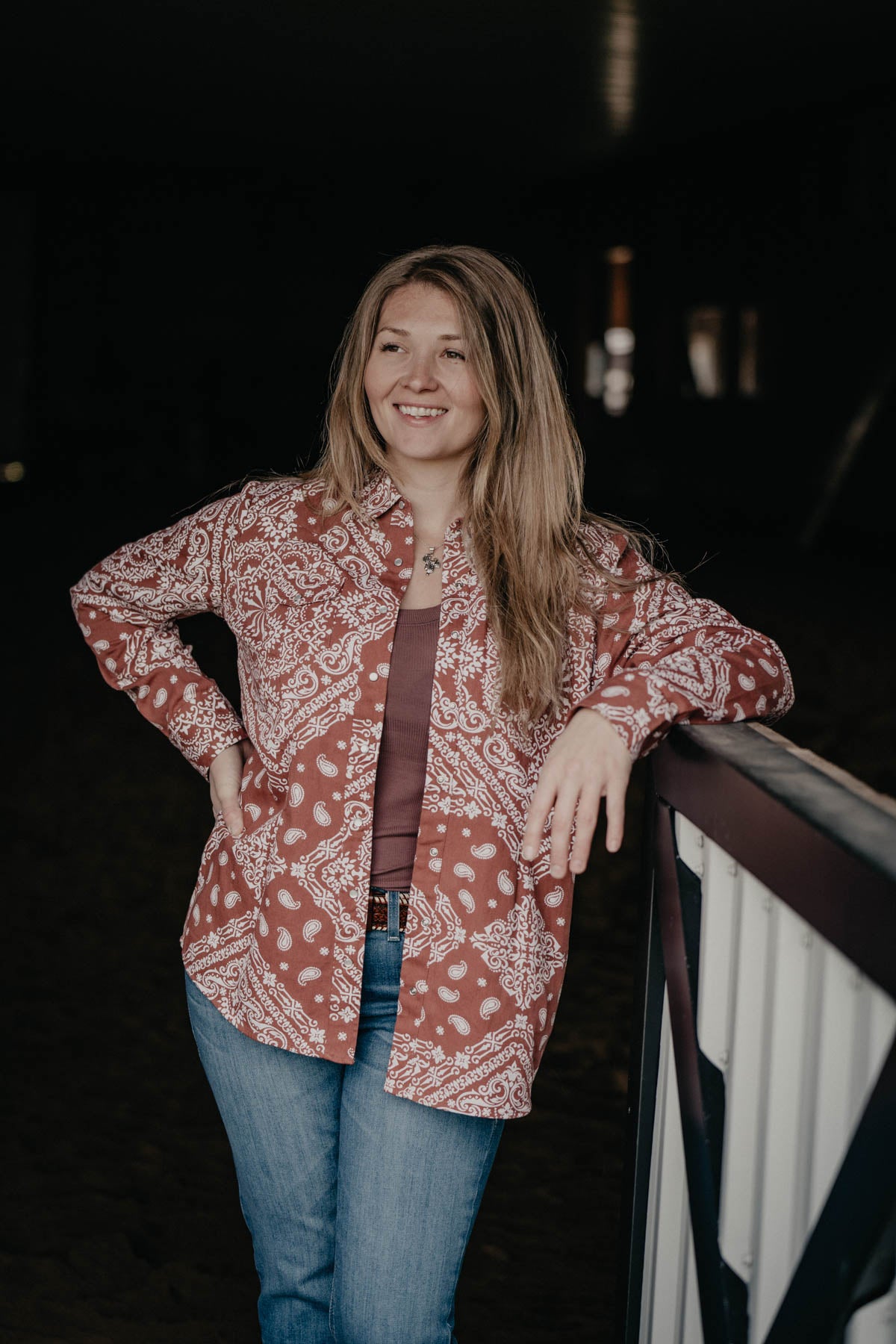 'Rusty Rose' Wine Bandanna Print Pearl Snap (S - XXL)