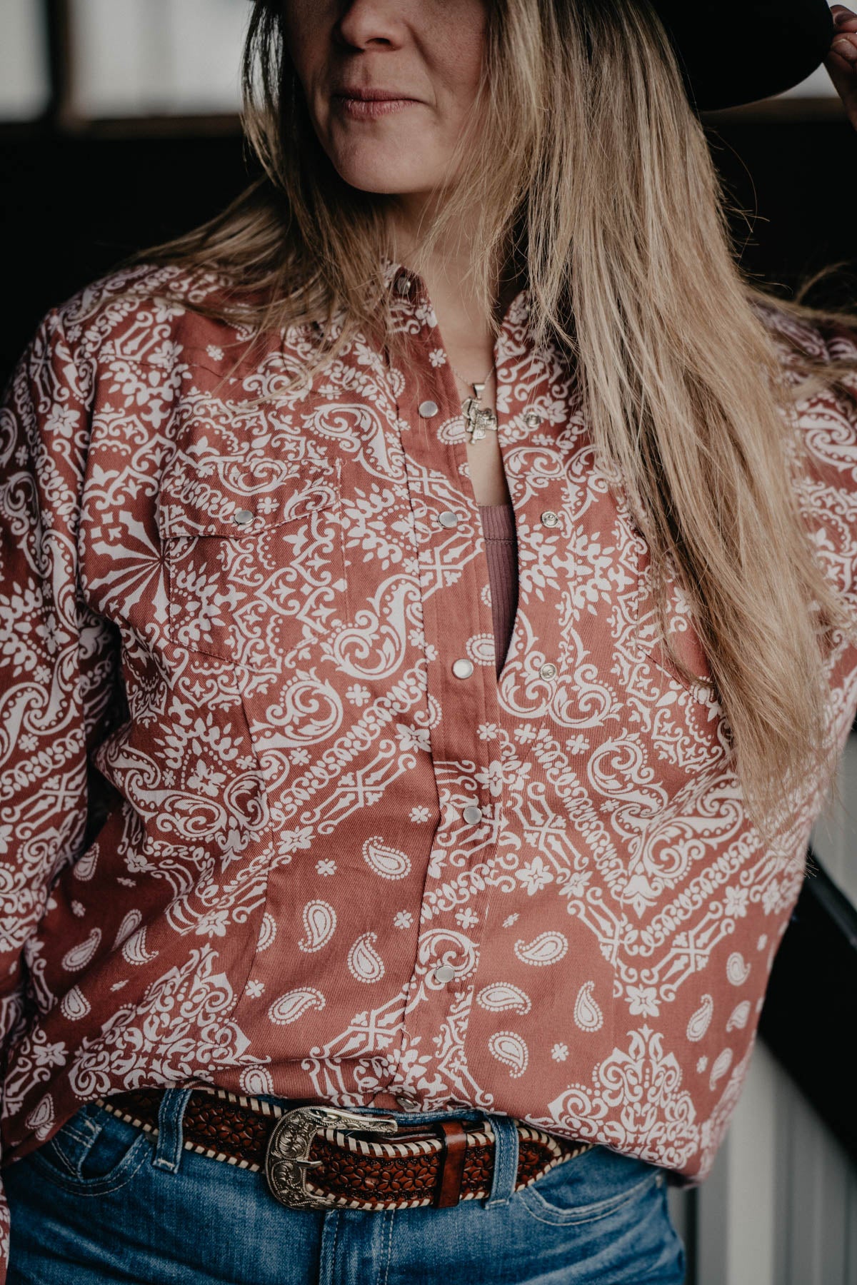 'Rusty Rose' Wine Bandanna Print Pearl Snap (S - XXL)