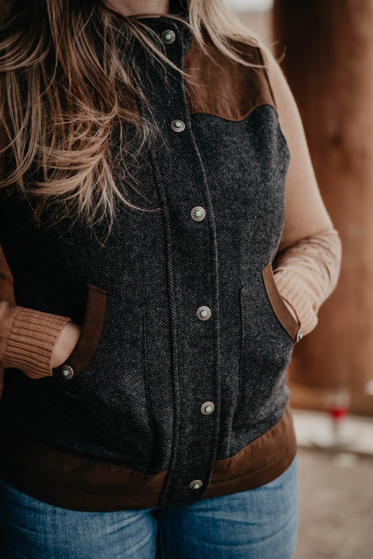 'Channel' Charcoal Herringbone Wool Vest by Madison Creek (1 S only)