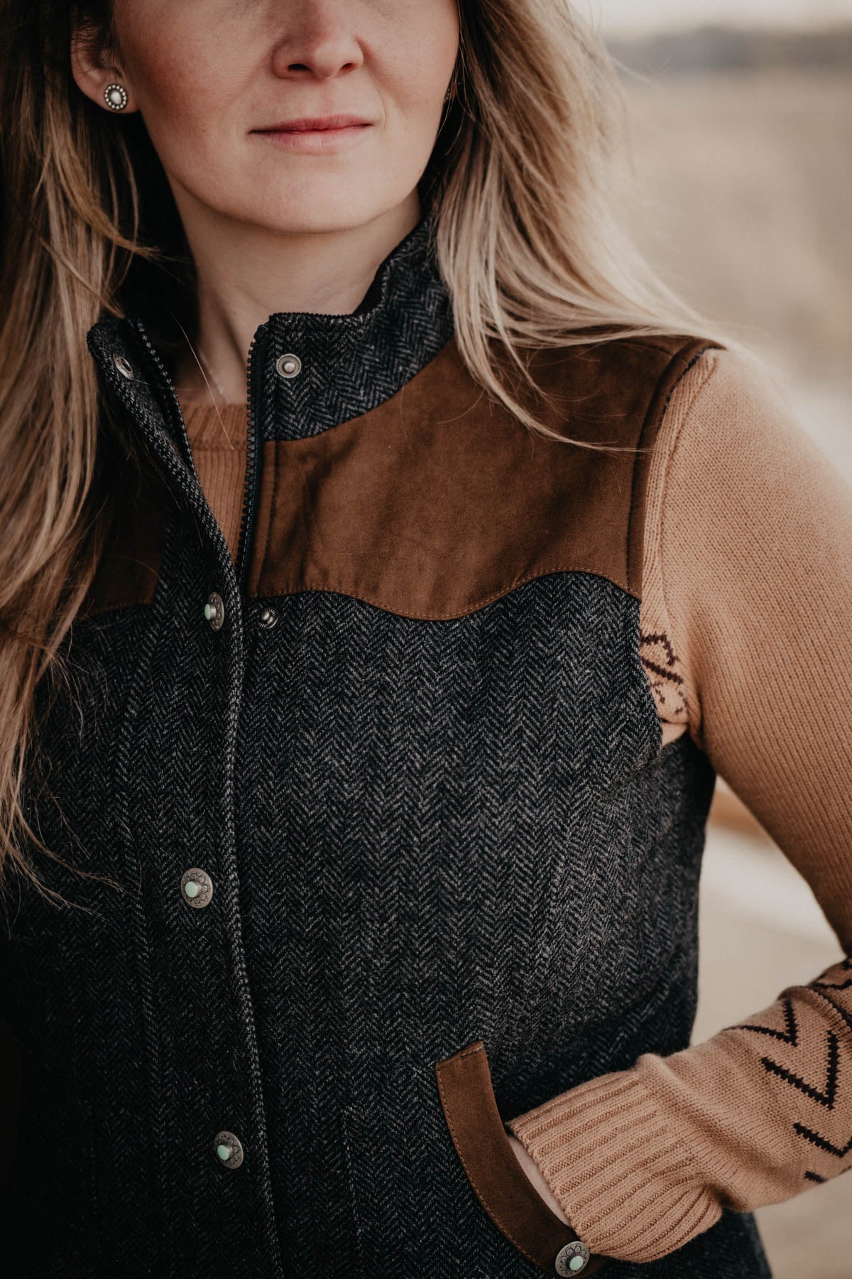 'Channel' Charcoal Herringbone Wool Vest by Madison Creek (1 S only)