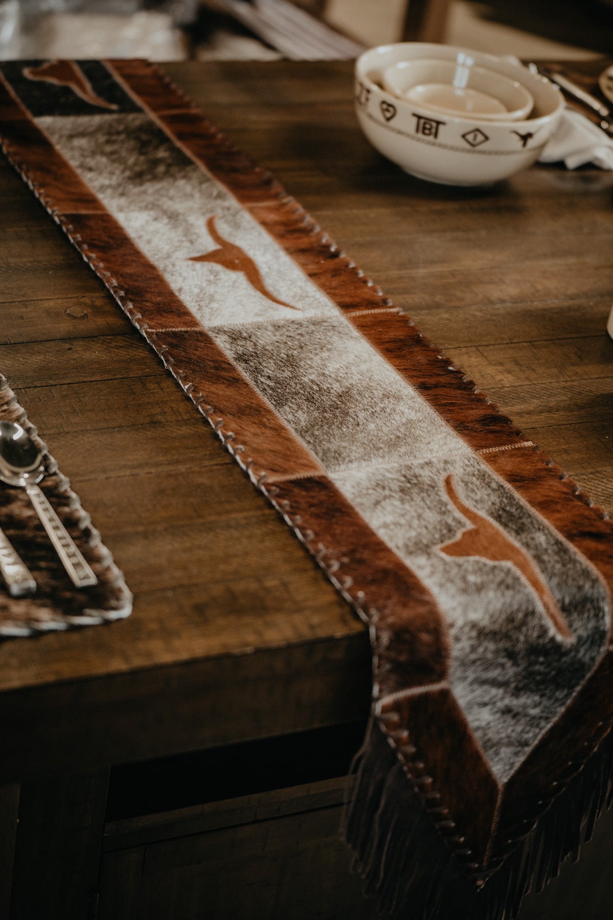 Cowhide 6ft' Table Runner with Fringe