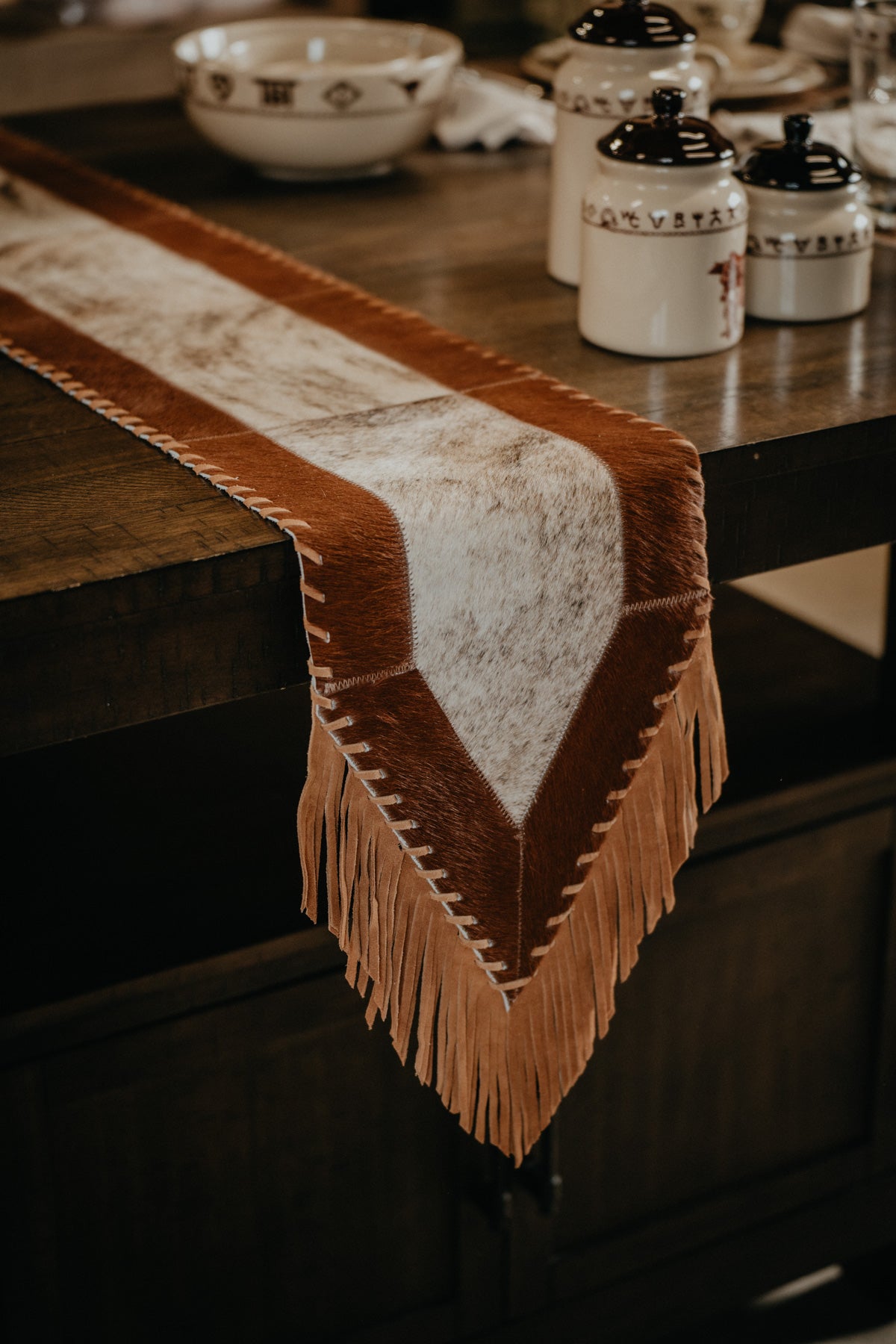 Cowhide 6ft' Table Runner with Fringe