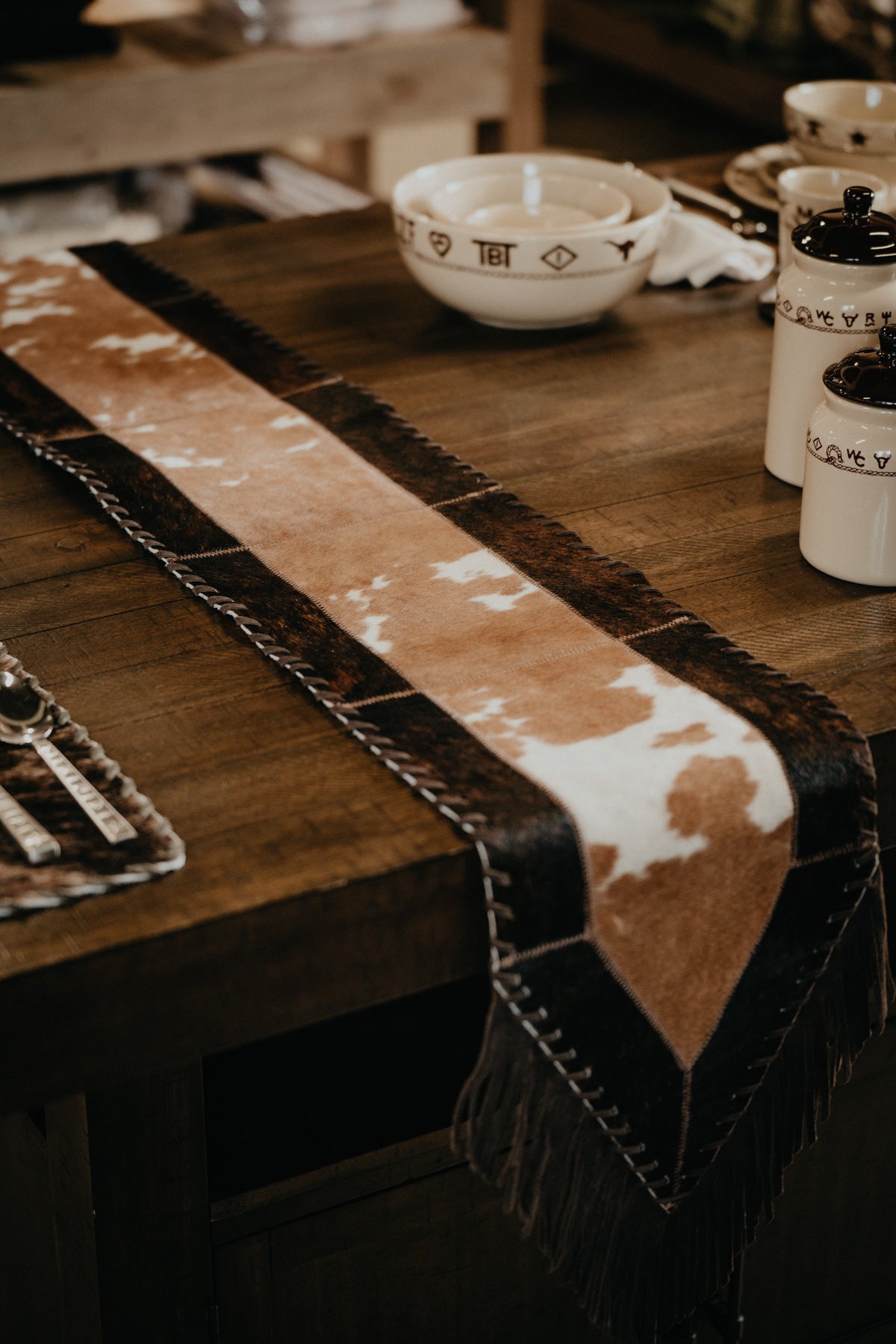 Cowhide 6ft' Table Runner with Fringe