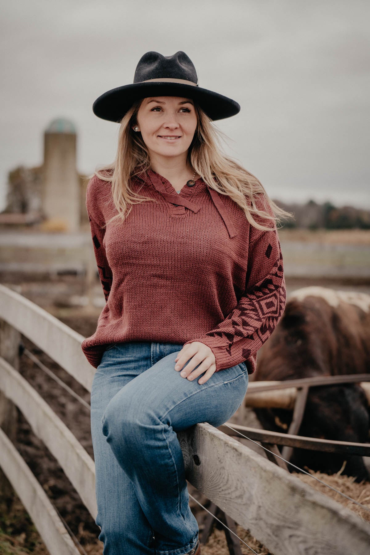 'Layla' Ariat Knit Hooded Oxblood Sweater with Aztec Accents(XS-XXL)