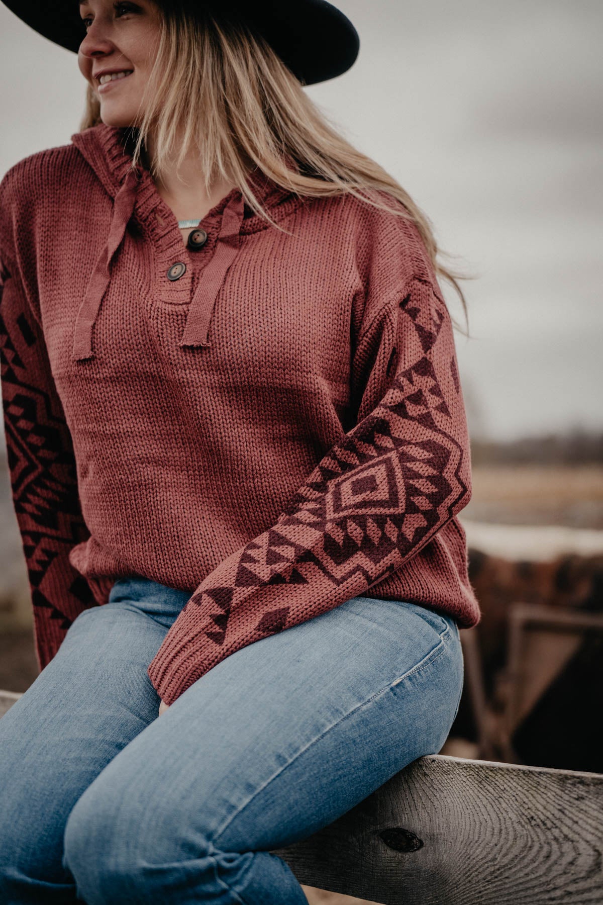 'Layla' Ariat Knit Hooded Oxblood Sweater with Aztec Accents(XS-XXL)