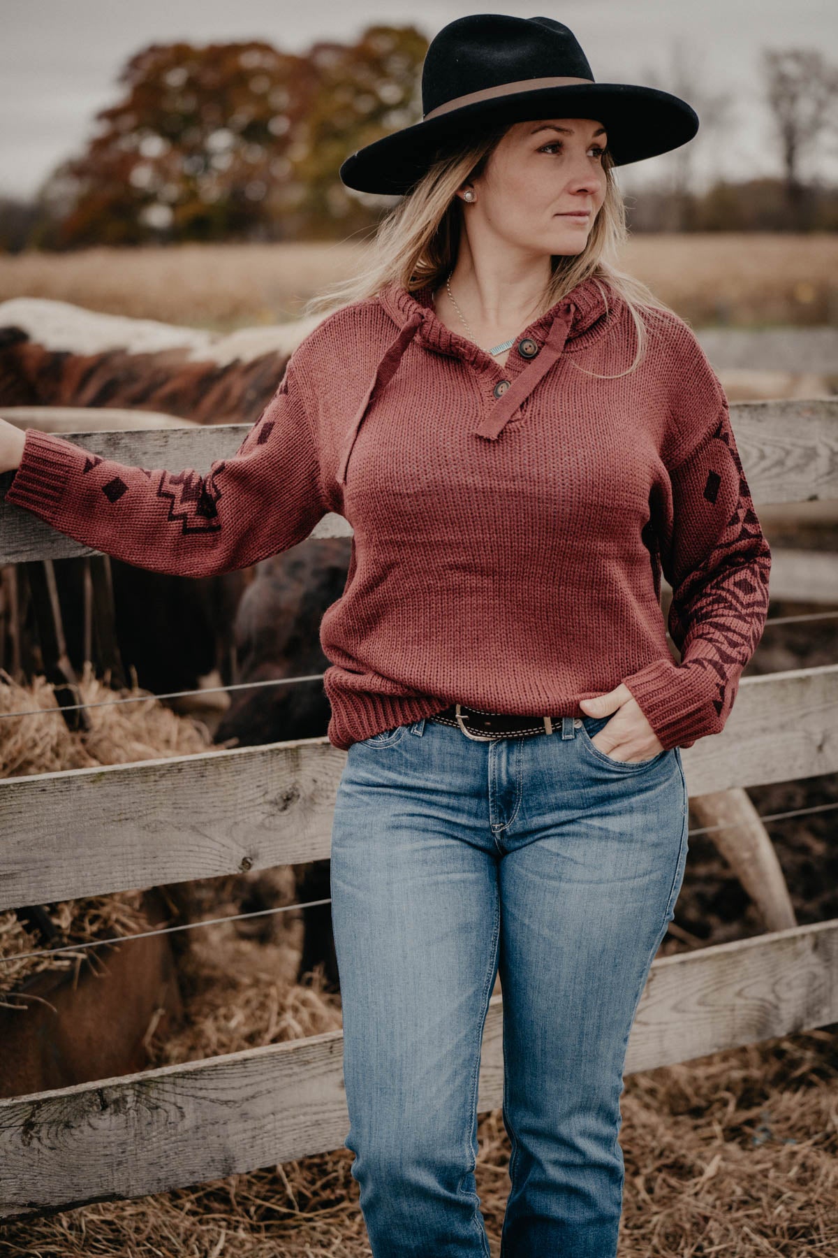 'Layla' Ariat Knit Hooded Oxblood Sweater with Aztec Accents(XS-XXL)