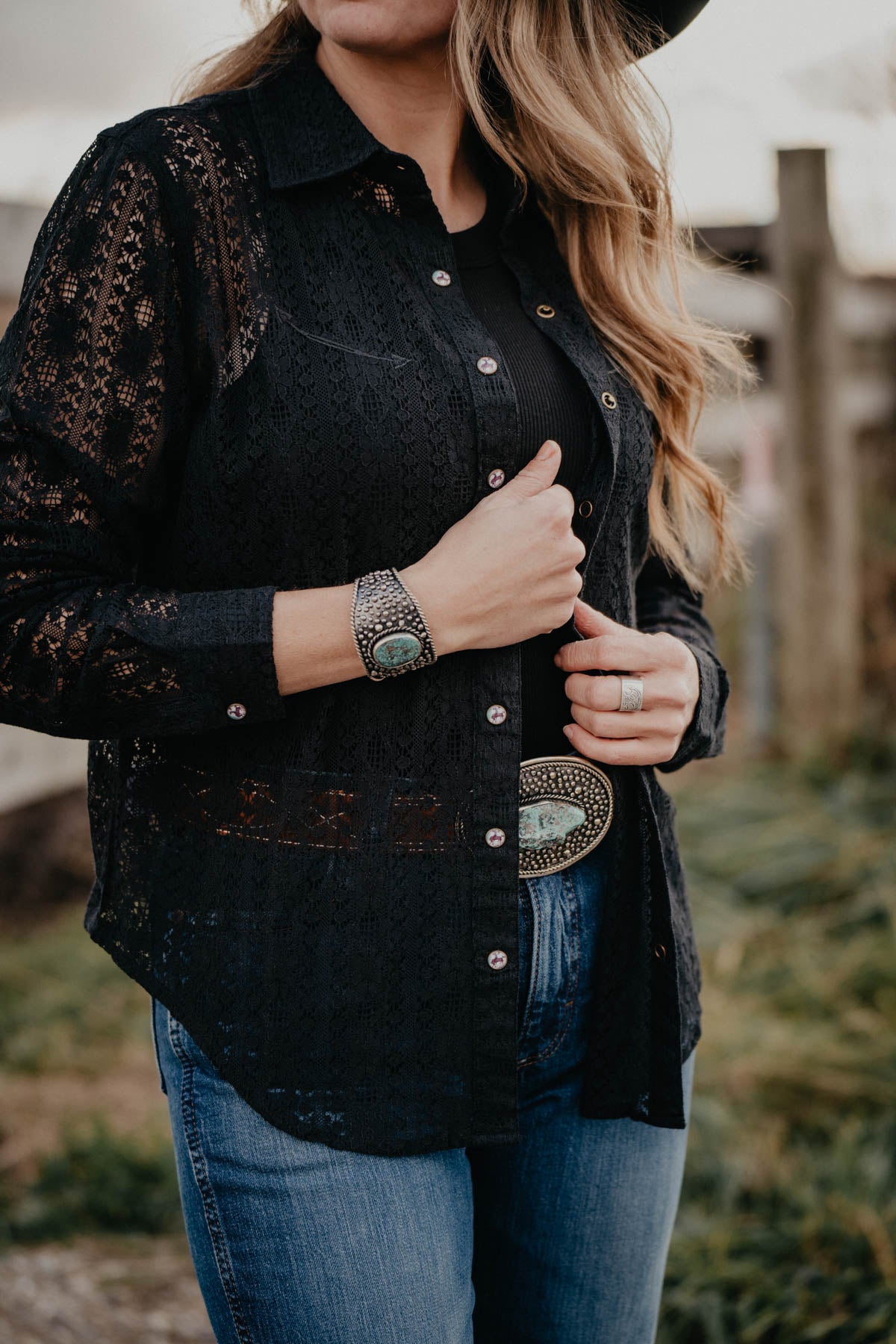 'Helena' Black Lace Pearl Snap by Cruel Denim (XS - XXL)