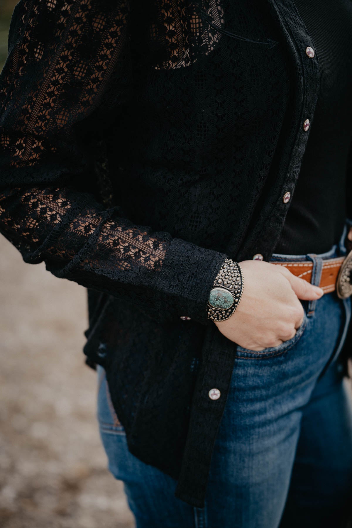 'Helena' Black Lace Pearl Snap by Cruel Denim (XS - XXL)