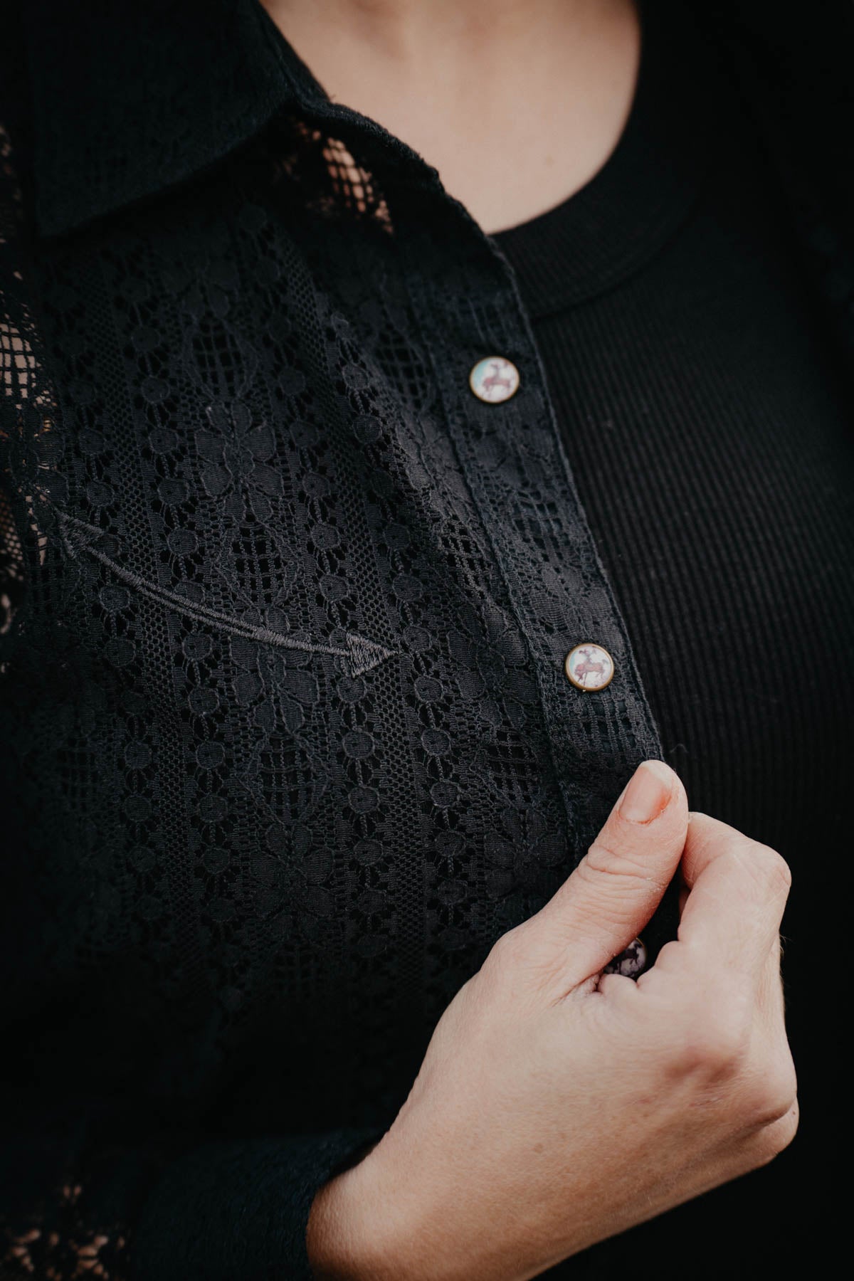 'Helena' Black Lace Pearl Snap by Cruel Denim (XS - XXL)