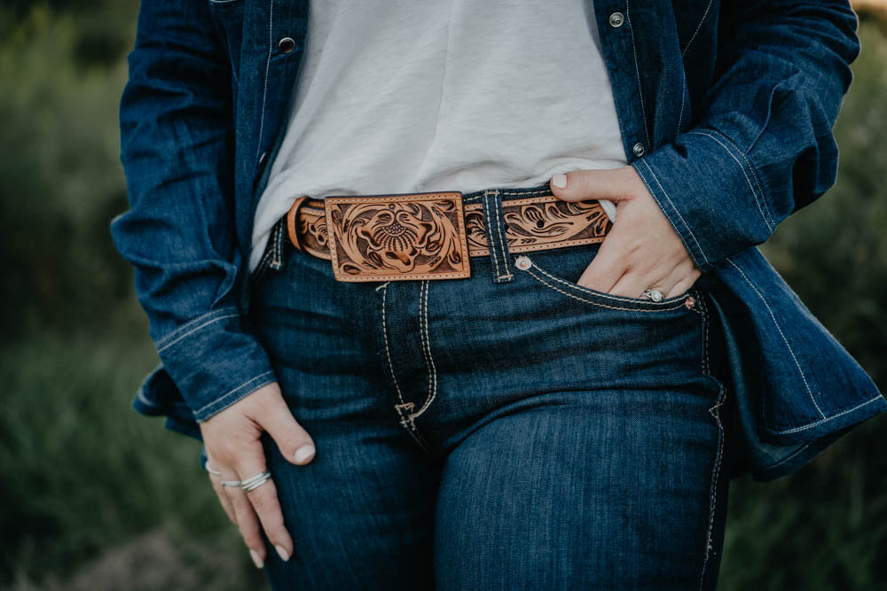 Tooled Leather Belts with Rectangular Leather Buckle (2 Colours, Sizes 34-38)