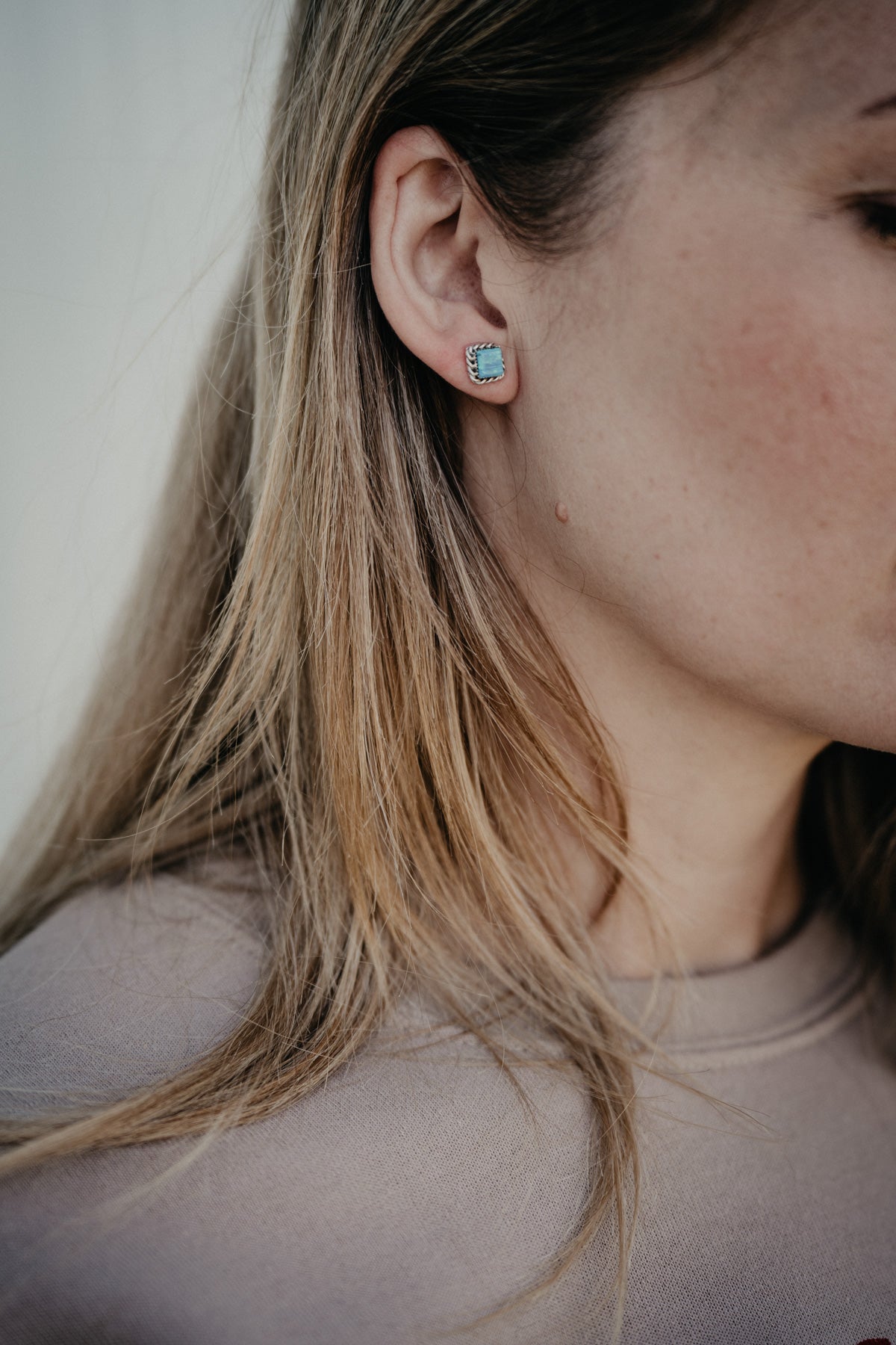 Iridescent Square Turquoise Earring with Sterling Rope Border