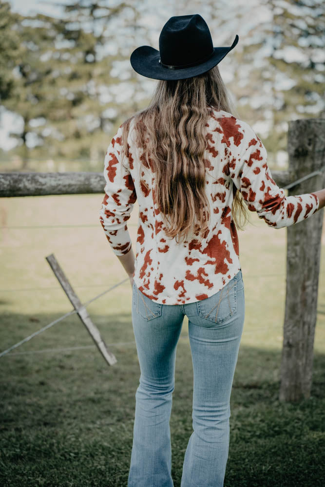 'Heidi' Women's Ariat Long Sleeve Cowprint Henley Top (XS-XXL)