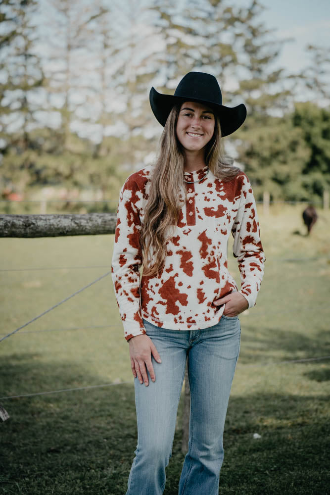 'Heidi' Women's Ariat Long Sleeve Cowprint Henley Top (XS-XXL)