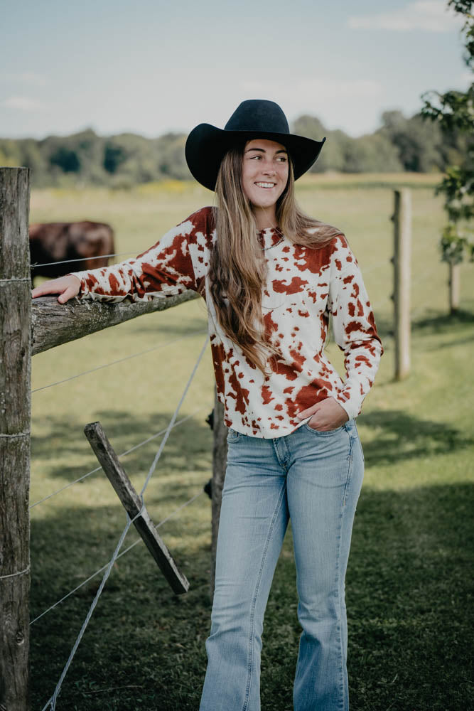 'Heidi' Women's Ariat Long Sleeve Cowprint Henley Top (XS-XXL)