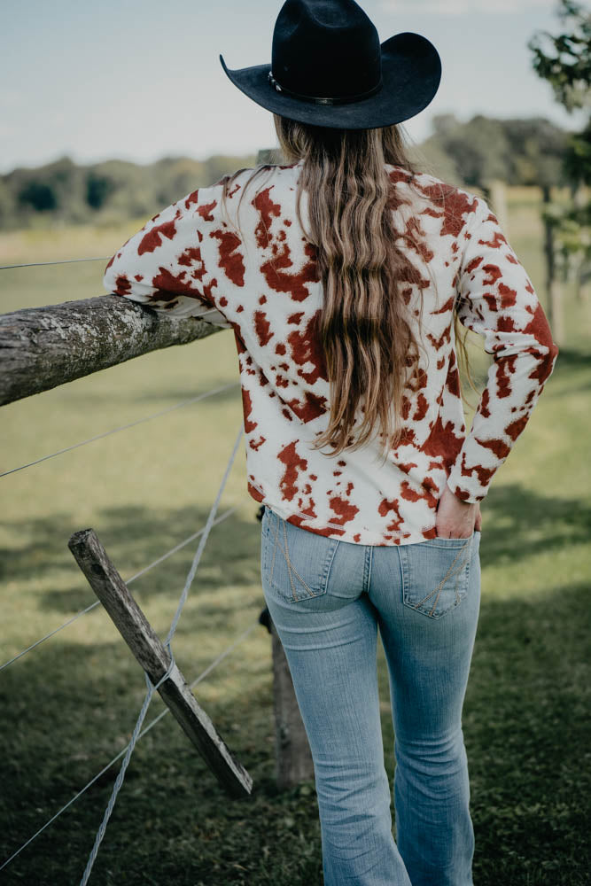 'Heidi' Women's Ariat Long Sleeve Cowprint Henley Top (XS-XXL)