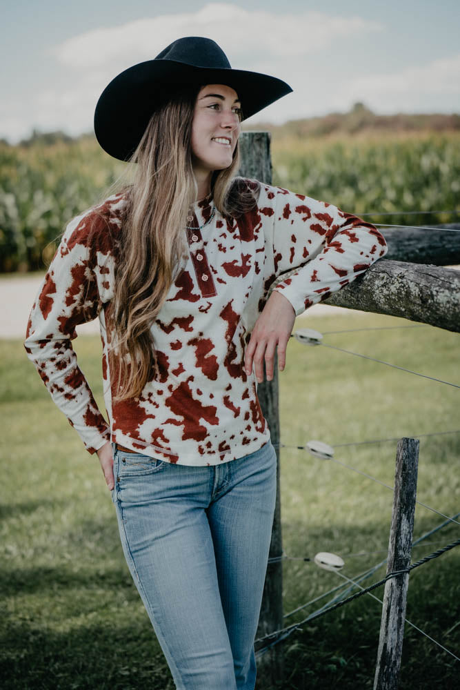 'Heidi' Women's Ariat Long Sleeve Cowprint Henley Top (XS-XXL)