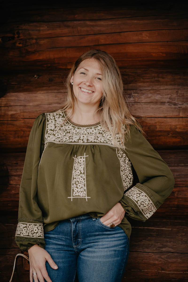 'Aster' Olive Floral Embroidered Top (S-L)