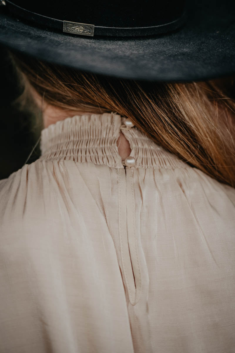 'Savannah' Champagne Smocked Neckline Pearl Top (S-L)