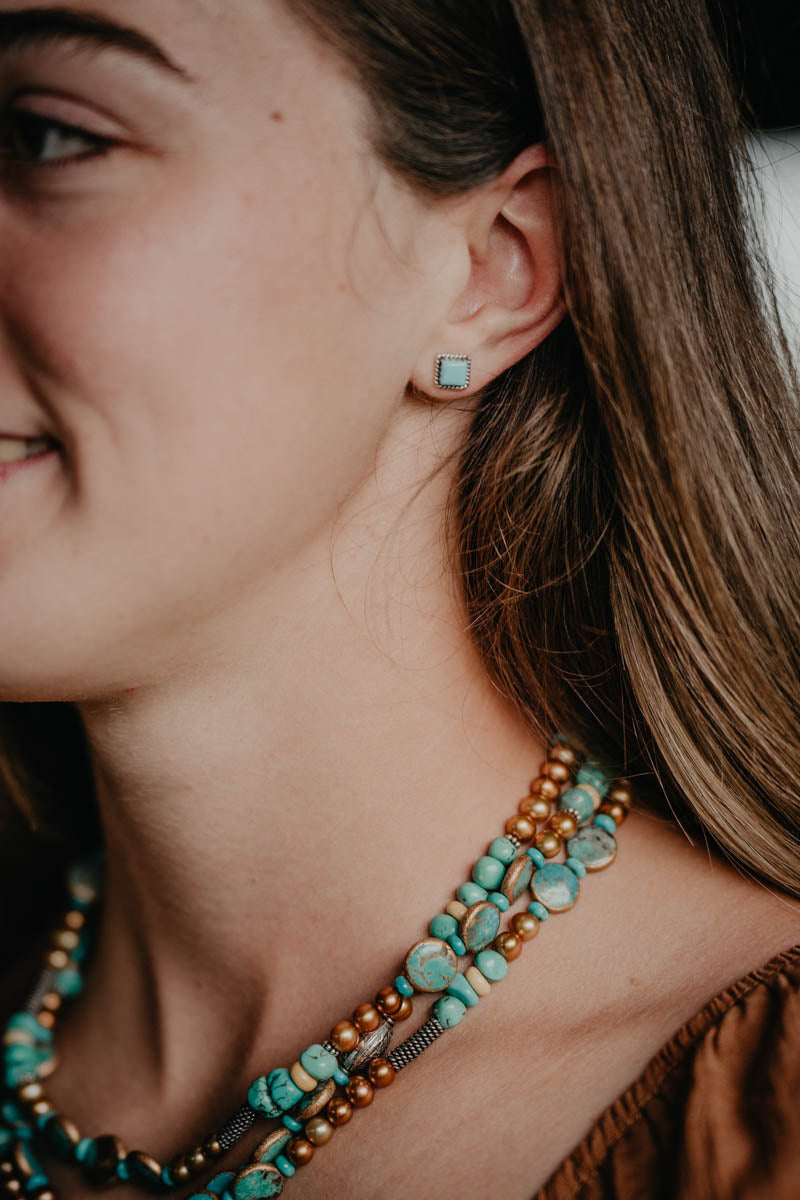 Square Turquoise Earring with Sterling Rope Border