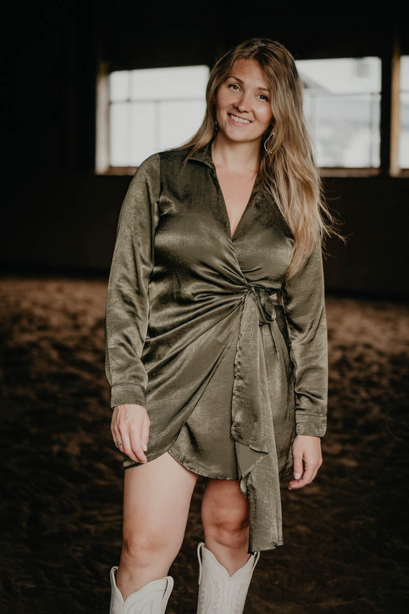 'Vintage Vogue' Metallic Olive Short Wrap Dress (S-L)