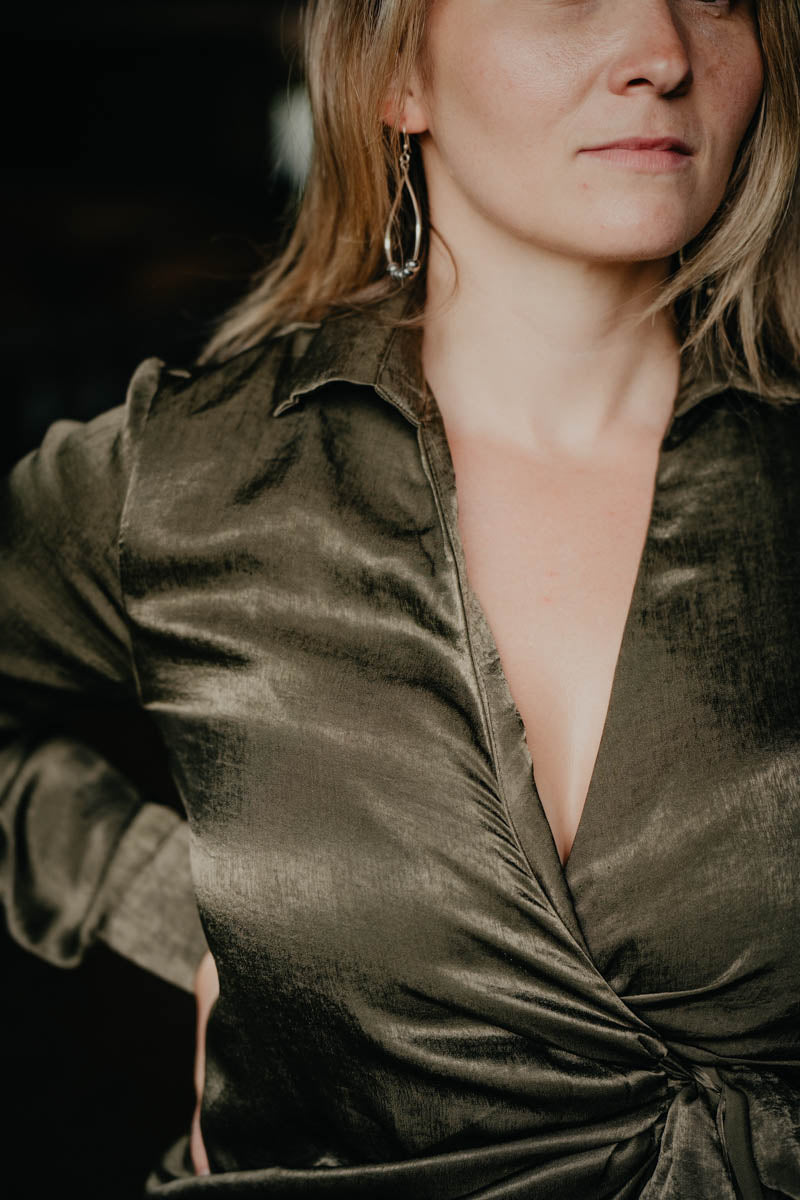 'Vintage Vogue' Metallic Olive Short Wrap Dress (S-L)