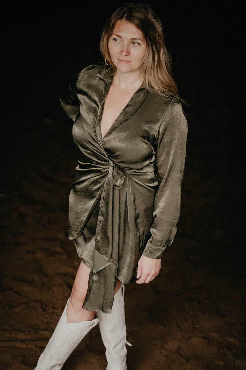 'Vintage Vogue' Metallic Olive Short Wrap Dress (S-L)