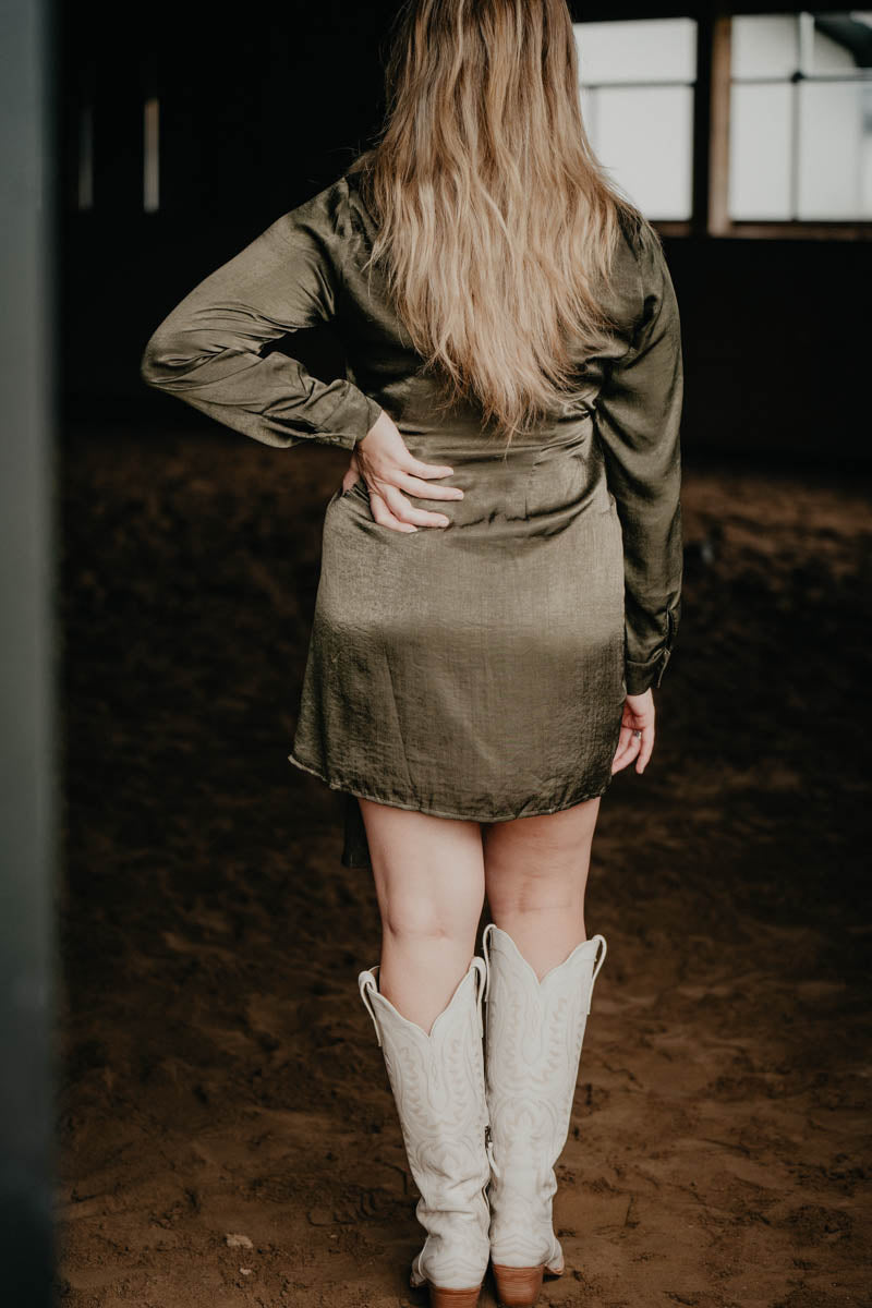 'Vintage Vogue' Metallic Olive Short Wrap Dress (S-L)