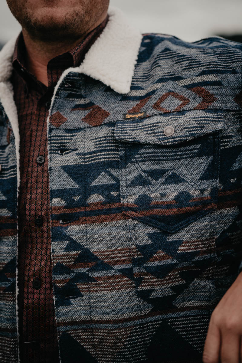 'Wesley' Wrangler Men's Aztec Jacquard Sherpa Lined Trucker Jacket (M-XXL)