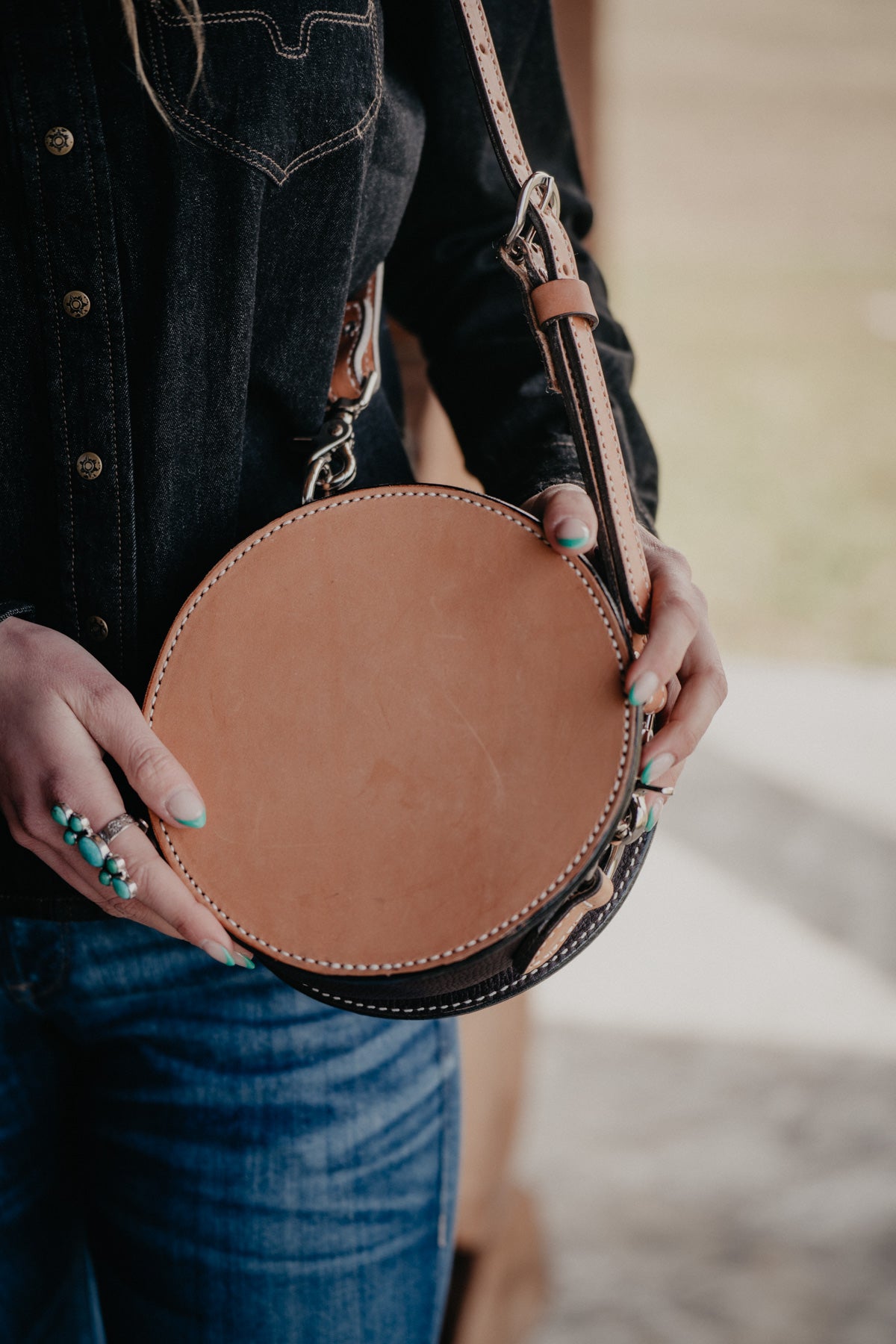 8" Round Handcrafted Canteen Handbag by Alamo Saddlery (Multi Designs)