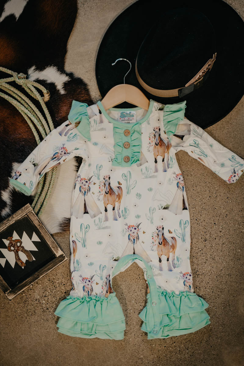TeePee Teal Long Sleeve Ruffle Romper (3-6M to 2T)