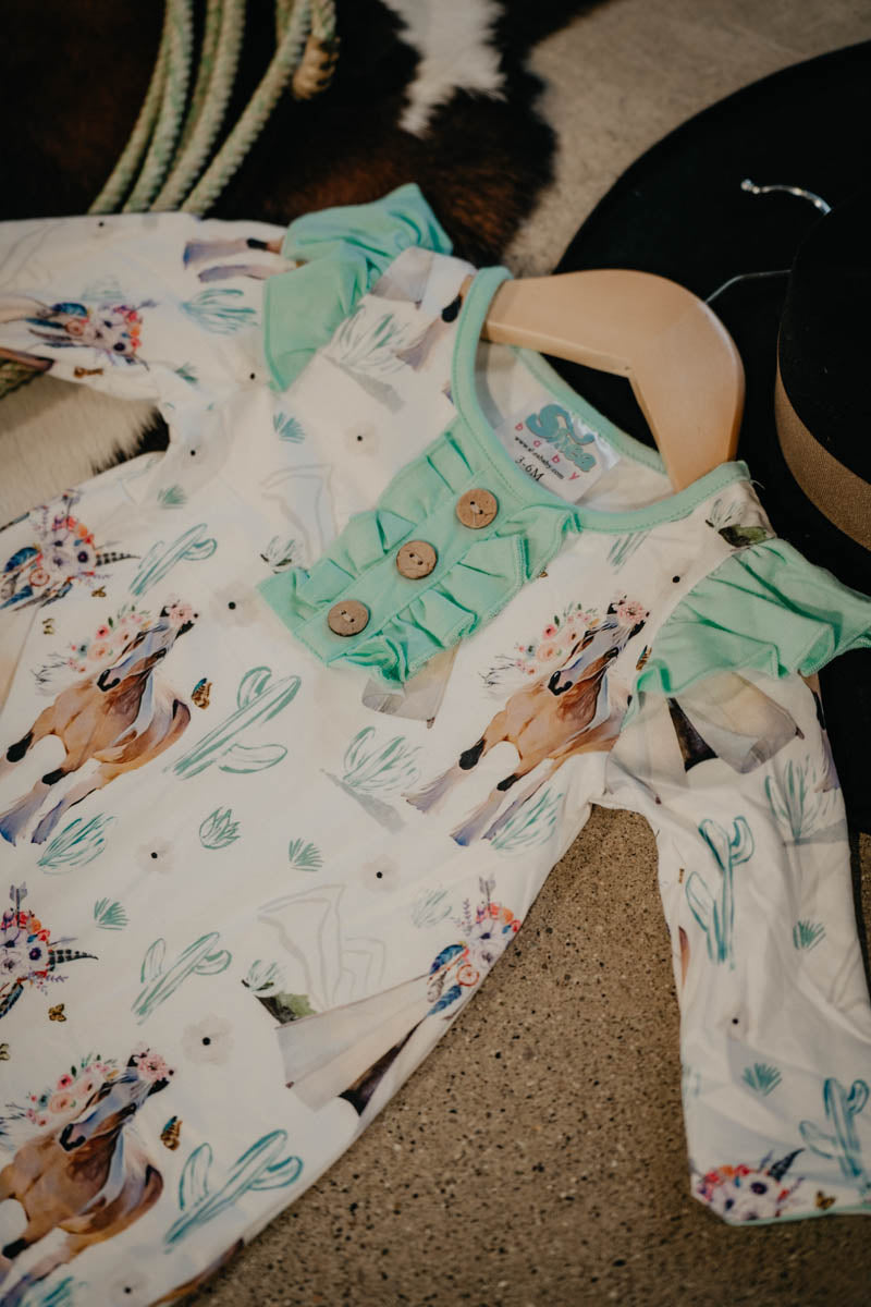 TeePee Teal Long Sleeve Ruffle Romper (3-6M to 2T)
