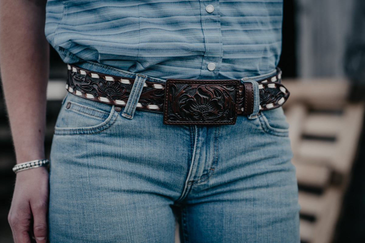 Tooled Leather Belts with Rectangular Leather Buckle (2 Colours, Sizes 34-38)