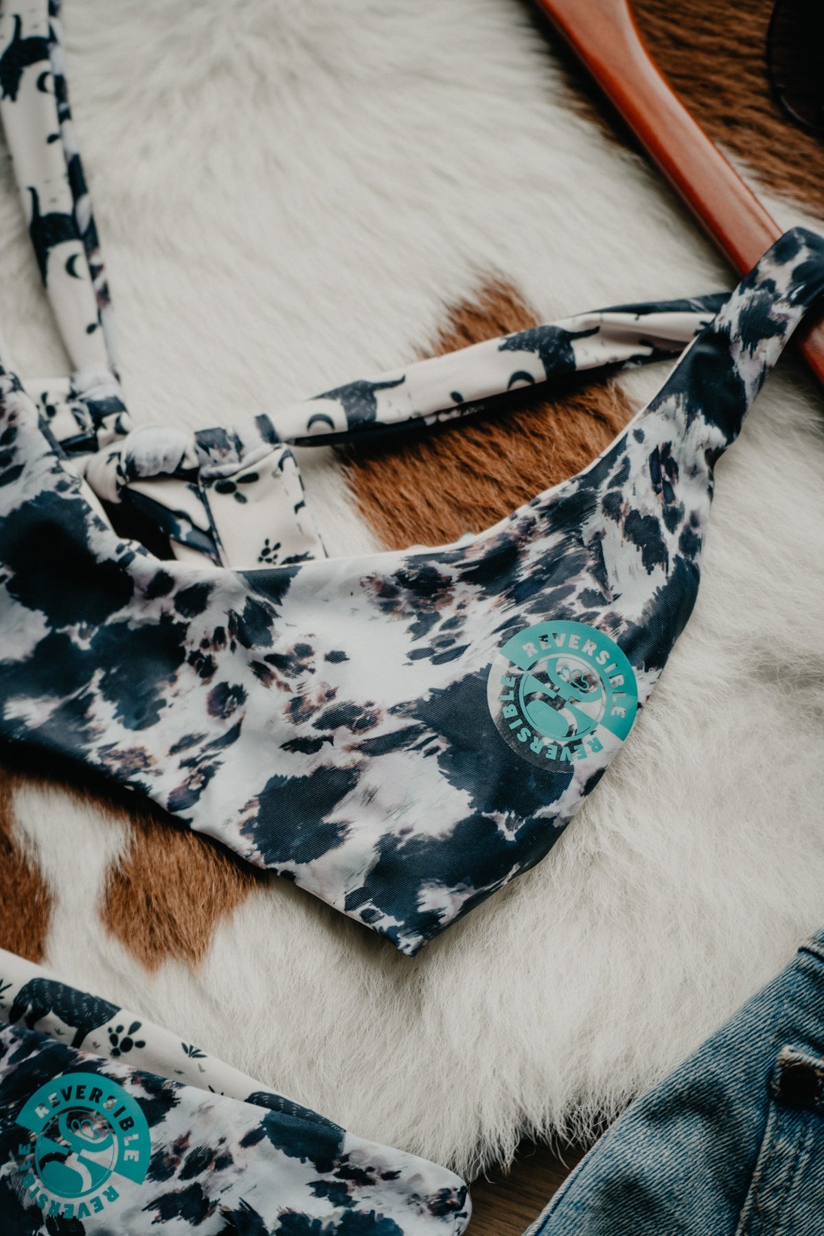 Hooey Ladies Cowprint / Coyote Reversible Swimsuit TOP (XL only)