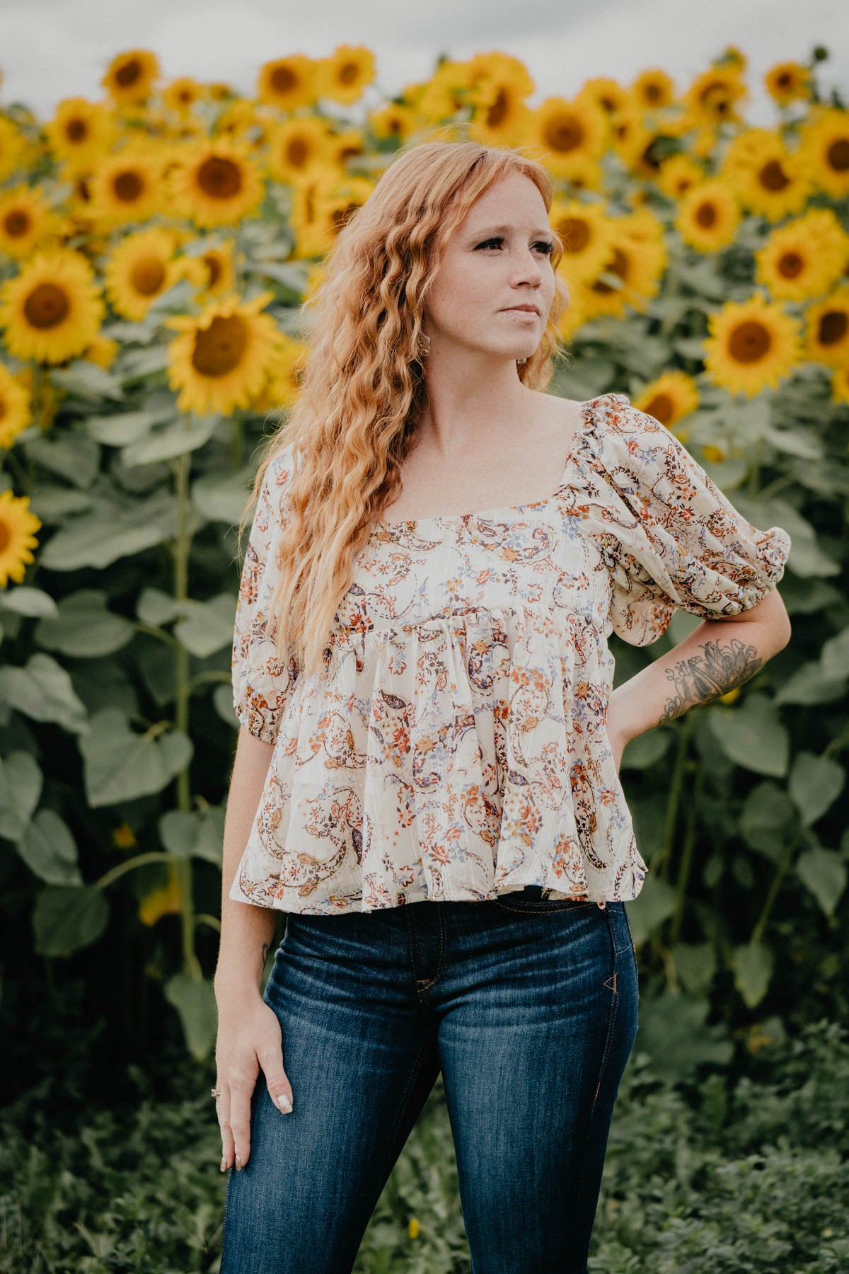 'Sweet Buckeye' Floral Paisley Puff Sleeve Square Neck Blouse (S-L)