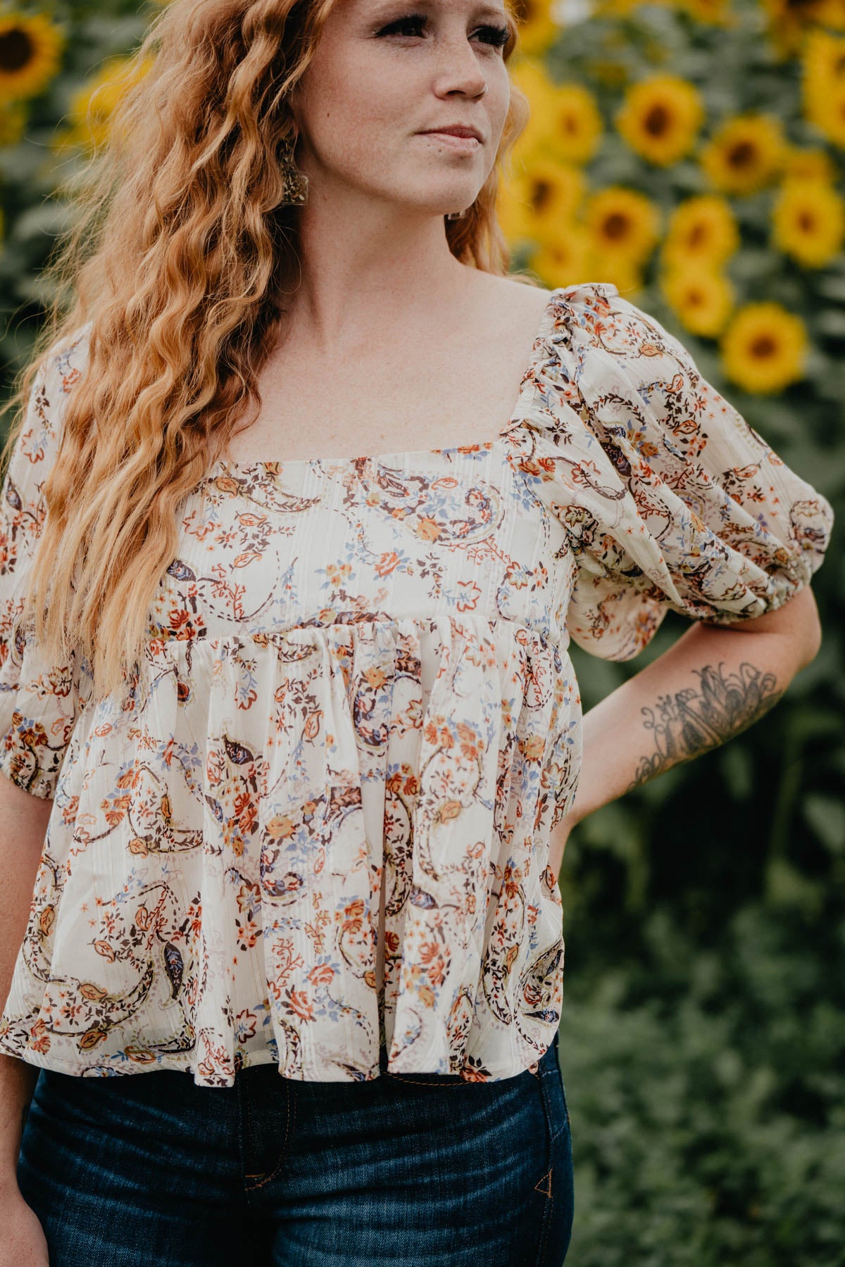 'Sweet Buckeye' Floral Paisley Puff Sleeve Square Neck Blouse (S-L)