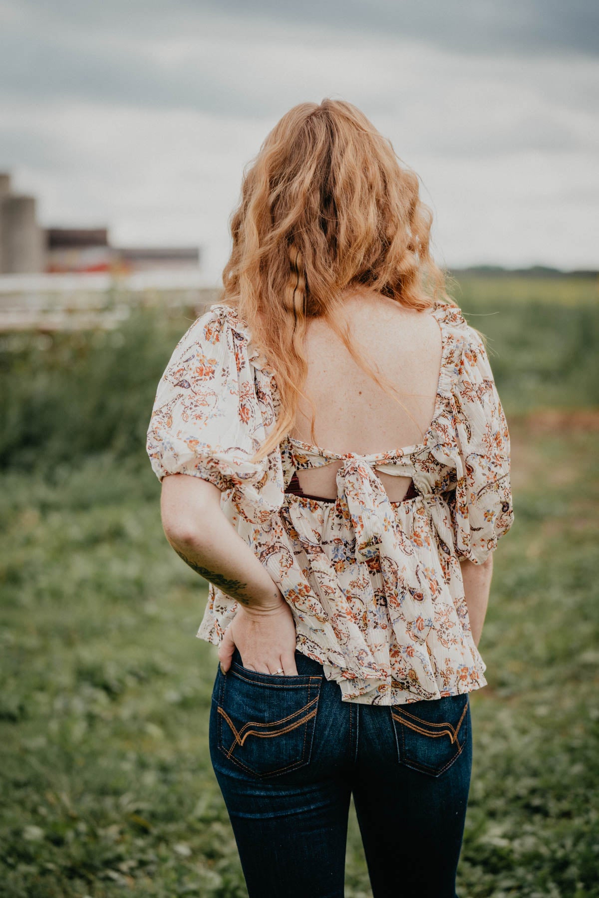 'Sweet Buckeye' Floral Paisley Puff Sleeve Square Neck Blouse (S-L)